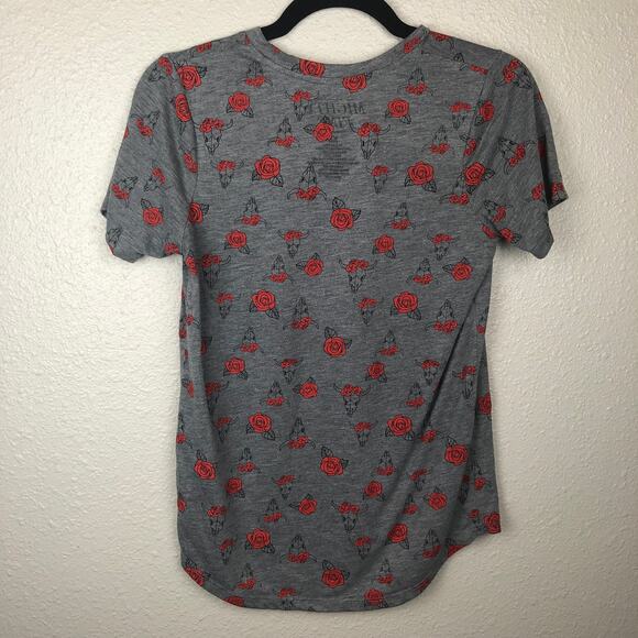Mighty Fine Bull Skeleton & Roses Print Gray Grunge Boho Shirt - Picture 4 of 7